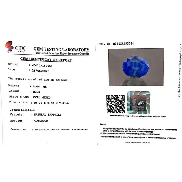 Blue Sapphire 6.06 Carat - 6.73 Ratti