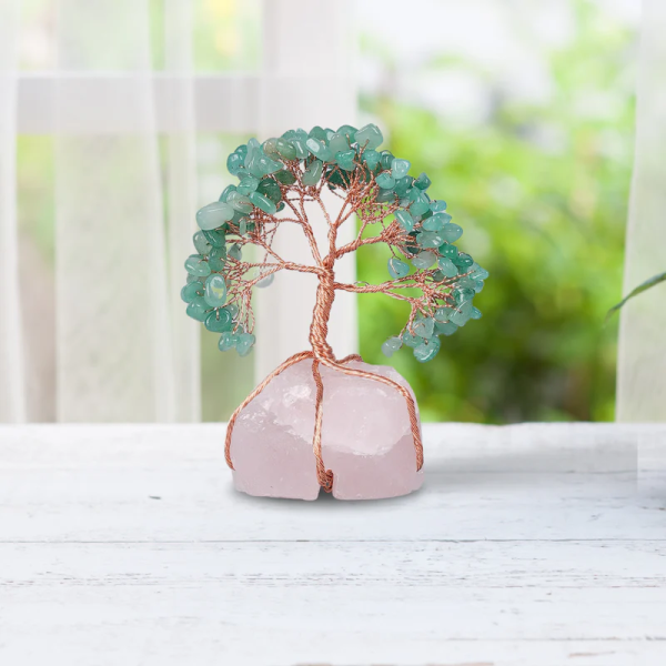 Green Aventurine With Raw Rose Quartz Tree