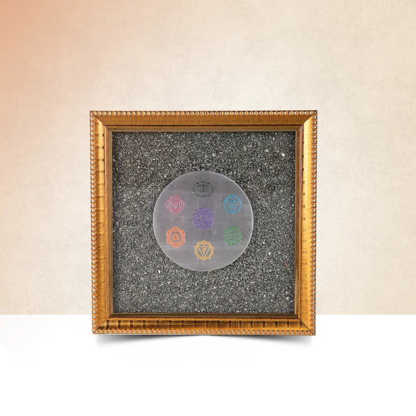 7 Chakra Symbol Carved Selenite Plate with Pyrite Dust Frame