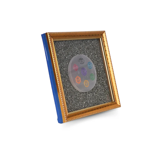 7 Chakra Symbol Carved Selenite Plate with Pyrite Dust Frame