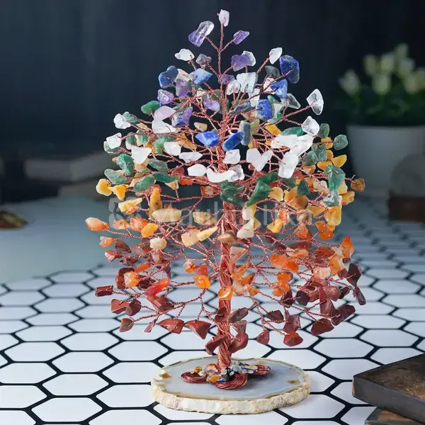 7 Chakra Tree of Life (Geode Agate Slice Base) - Spiritual Gemstone Tree