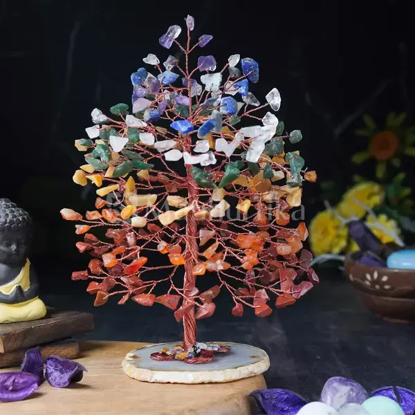 7 Chakra Tree of Life (Geode Agate Slice Base) - Spiritual Gemstone Tree