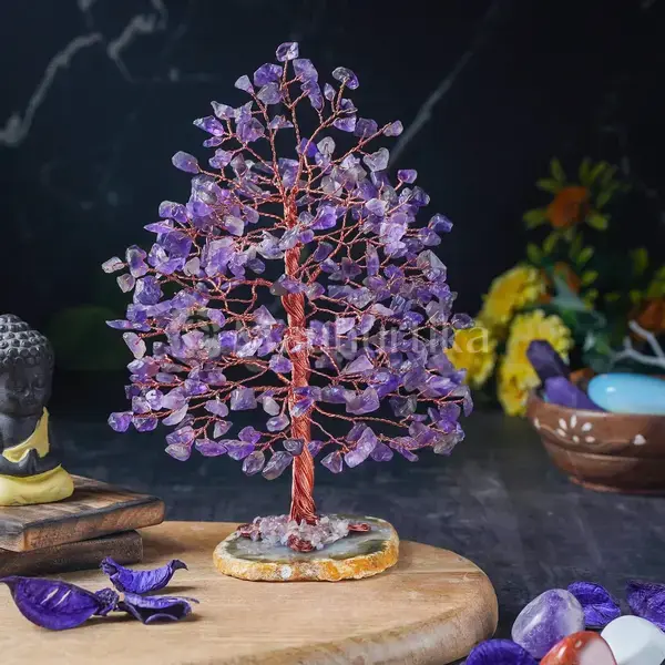 Amethyst Gemstone Money Tree (Agate Slice Base) - Prosperity Tree