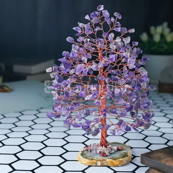 Amethyst Gemstone Money Tree (Agate Slice Base) - Prosperity Tree