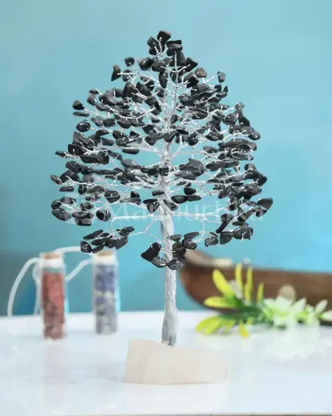 Black Tourmaline Gemstone Tree of Life (Quartz Base) - Spiritual Protection