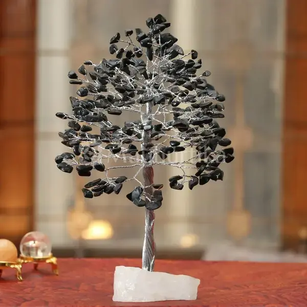Black Tourmaline Gemstone Tree of Life (Quartz Base) - Spiritual Protection
