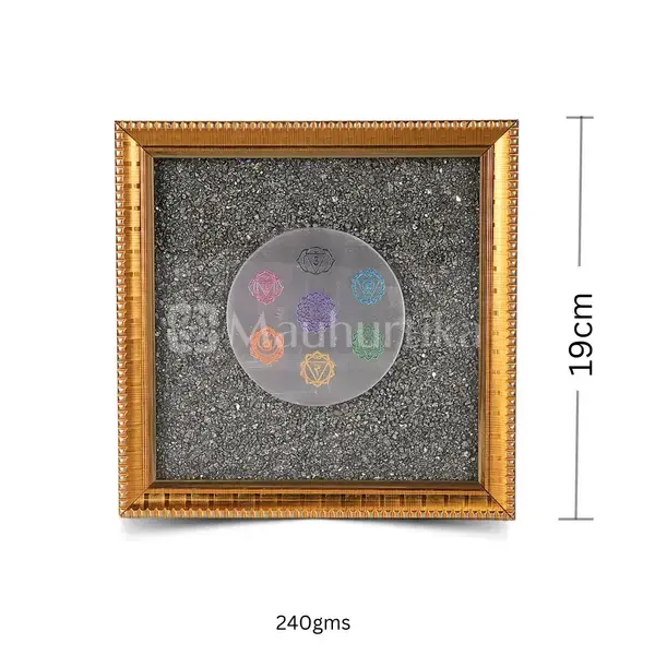 Pyrite Dust Frame With 7 Chakra Symbol Carved Selenite Plate - Spiritual Harmony Yantra