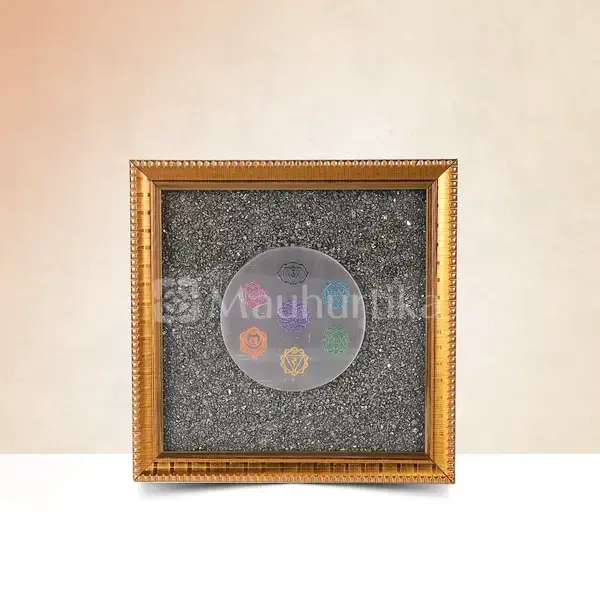 Pyrite Dust Frame With 7 Chakra Symbol Carved Selenite Plate - Spiritual Harmony Yantra